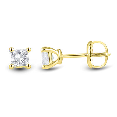 Lab Grown Diamond Stud Earrings with Princess-Cut Solitaires in 14K Yellow Gold (1/2 ct. tw.)
