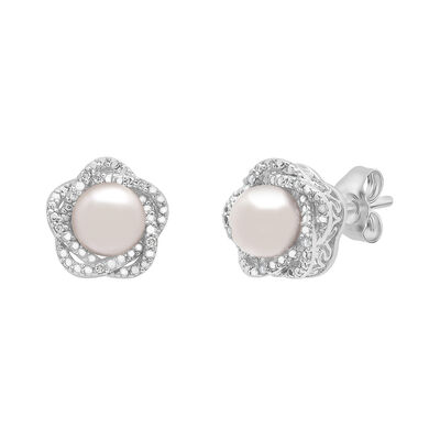 Pink Freshwater Cultured Pearl Earrings with Diamond Accent in Sterling Silver