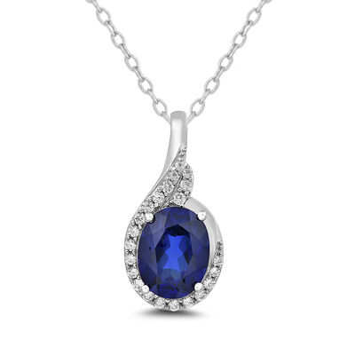 Lab Created Blue Sapphire Pendant with Lab Created White Sapphires in Sterling Silver