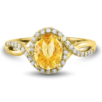 Oval Citrine Ring with Halo in 10K Yellow Gold