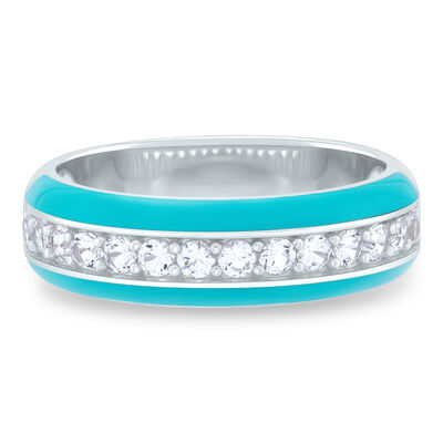 Turquoise Enamel and Lab Created White Sapphire Stack Band in Sterling Silver