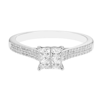 Princess-Cut Cluster Diamond Engagement Ring with Stacked Pave Band in 10K White Gold (1/2 ct. tw.)