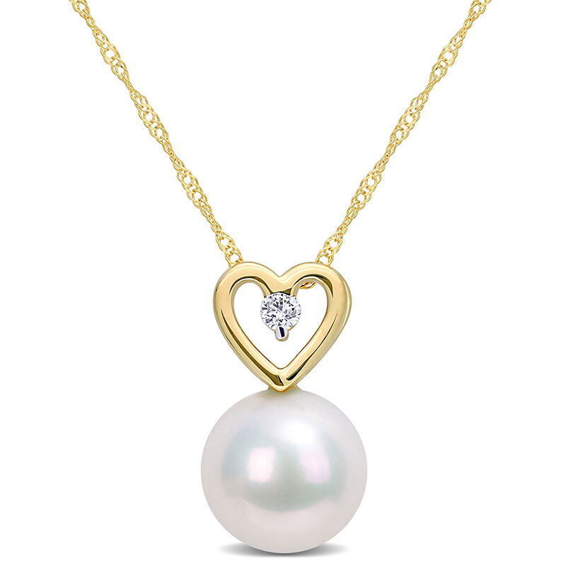 Single Pearl Necklace with Heart &amp; Diamond Accent in 10K Yellow Gold