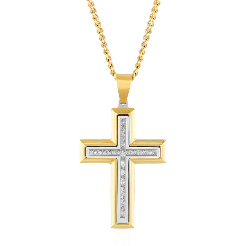 Men&#39;s Cross Pendant with Diamond Accents in Yellow Ion-Plated Stainless Steel