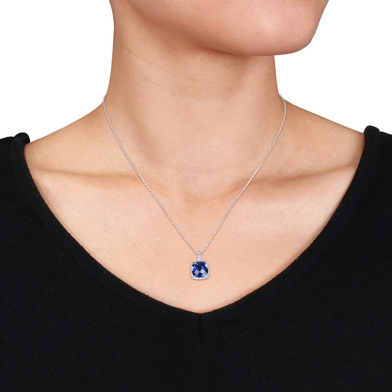 Lab Created Blue Sapphire &amp; Diamond Pendant in Sterling Silver