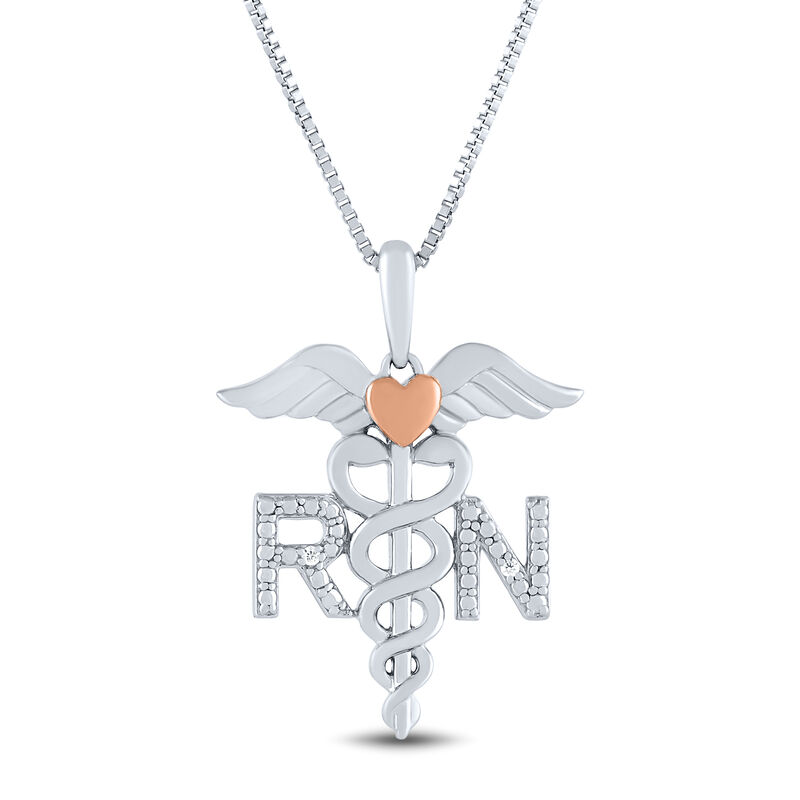 Diamond Accent Nurse Caduceus Pendant in Sterling Silver and 14K Rose Gold