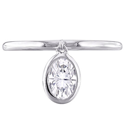 Lab-Created Moissanite Oval Bezel Dangle Ring in Sterling Silver