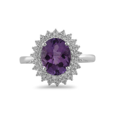 Oval-shaped Amethyst & White Topaz Halo Ring in Sterling Silver