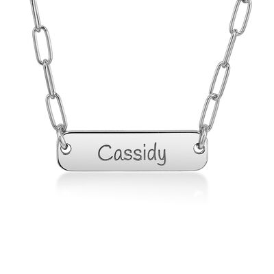 Engravable Bar Necklace with Paperclip Chain in Sterling Silver, 18”