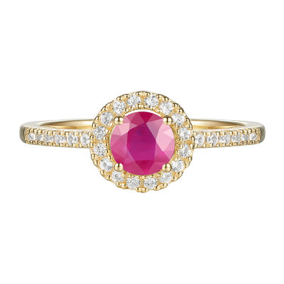 Round Ruby & Diamond Halo Ring in 10K Yellow Gold (1/7 ct. tw.)