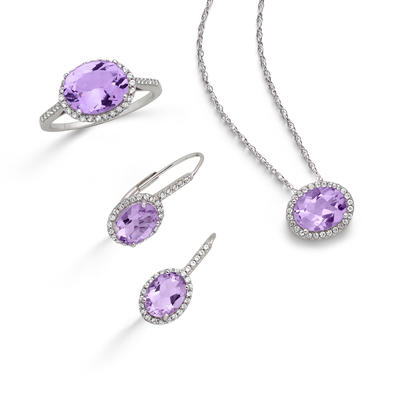 Rose de France Amethyst and Lab-Created White Sapphire Ring, Earring and Pendant Gift Set in Sterling Silver