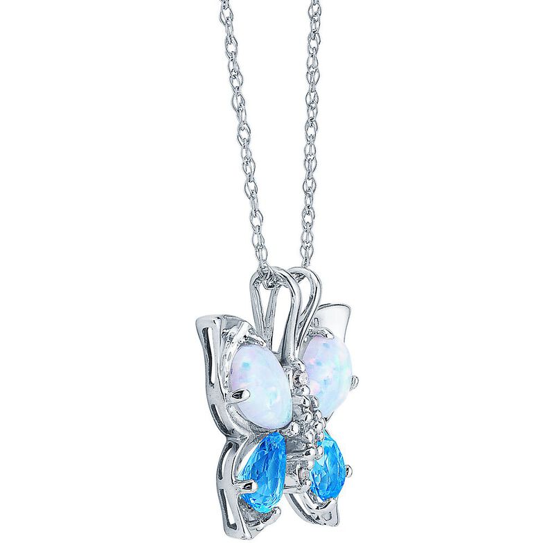 Lab Created Opal, Blue Topaz &amp; Diamond Butterfly Pendant in 10K White Gold