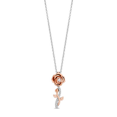 Belle Rose Stem Diamond Accent Pendant in Sterling Silver and 10K Rose Gold