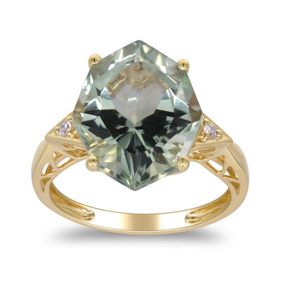Green Amethyst and Diamond Accent Ring in 10K Yellow Gold