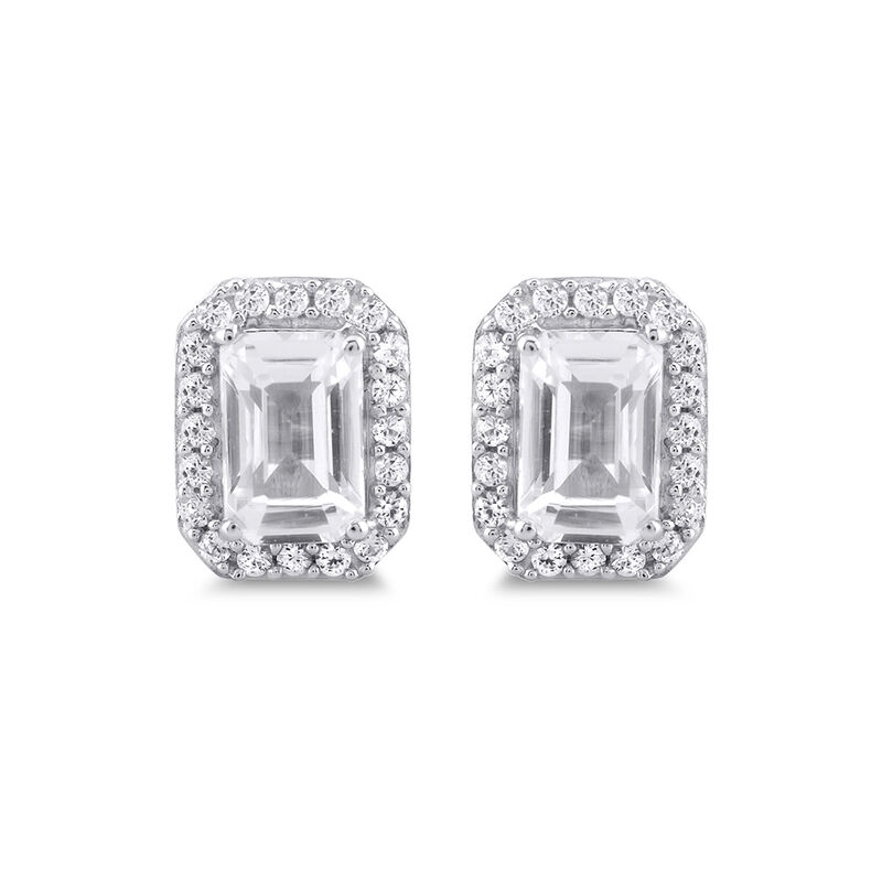 Emerald-cut Lab Created White Sapphire Halo Earrings in Sterling Silver