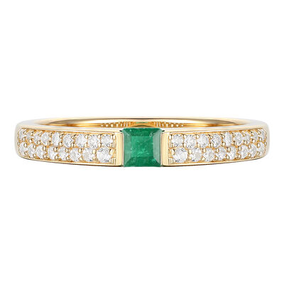 Emerald and Diamond Stacking Ring in 10K Yellow Gold (1/5 ct. tw.)