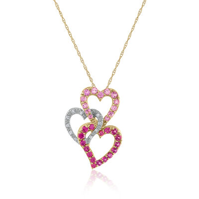 Diamond Accent & Pink Tourmaline Three-Heart Pendant in 14K Yellow Gold