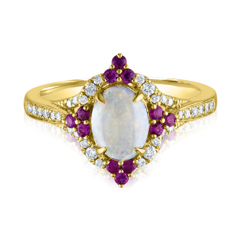 Opal, Ruby &amp; 1/5 ct. tw. Diamond Ring in 10K Yellow Gold