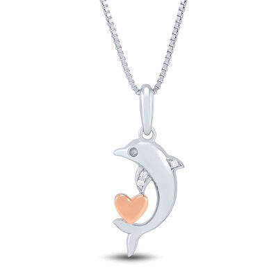 Dolphin Pendant with Diamond Accents in Sterling Silver and 14K Rose Gold