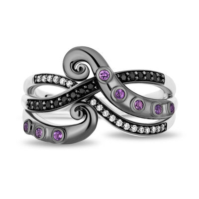 Ursula Amethyst, Black Diamond & Diamond Tentacle Ring in Sterling Silver (1/5 ct. tw.)