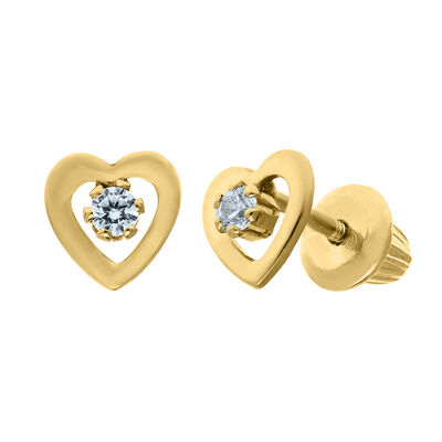 Children's White Cubic Zirconia Heart Earrings in 14K Yellow Gold