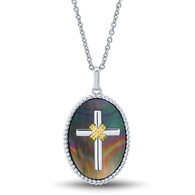 Medallion Necklace with Cross &amp; Black Mother of Pearl in Sterling Silver