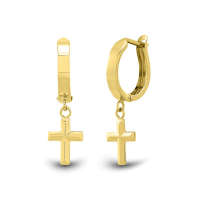 Huggie Hoop Earrings with Cross Dangle in 14K Yellow Gold