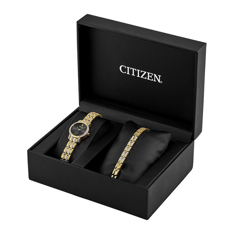 Crystal Watch &amp; Bracelet Set in Yellow Gold-Tone Ion-Plated Stainless Steel