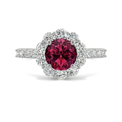 Round Lab Created Ruby & Moissanite Halo Ring in 14K White Gold