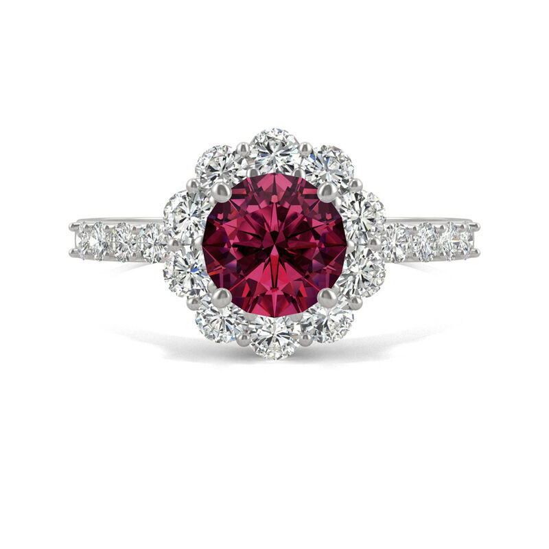 Round Lab Created Ruby &amp; Moissanite Halo Ring in 14K White Gold