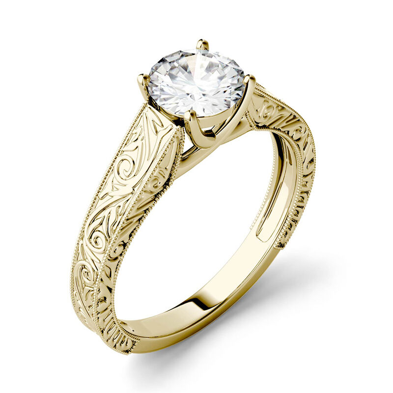 Round Moissanite Ring with Filigree Band in 14K Yellow Gold &#40;1 ct.&#41;