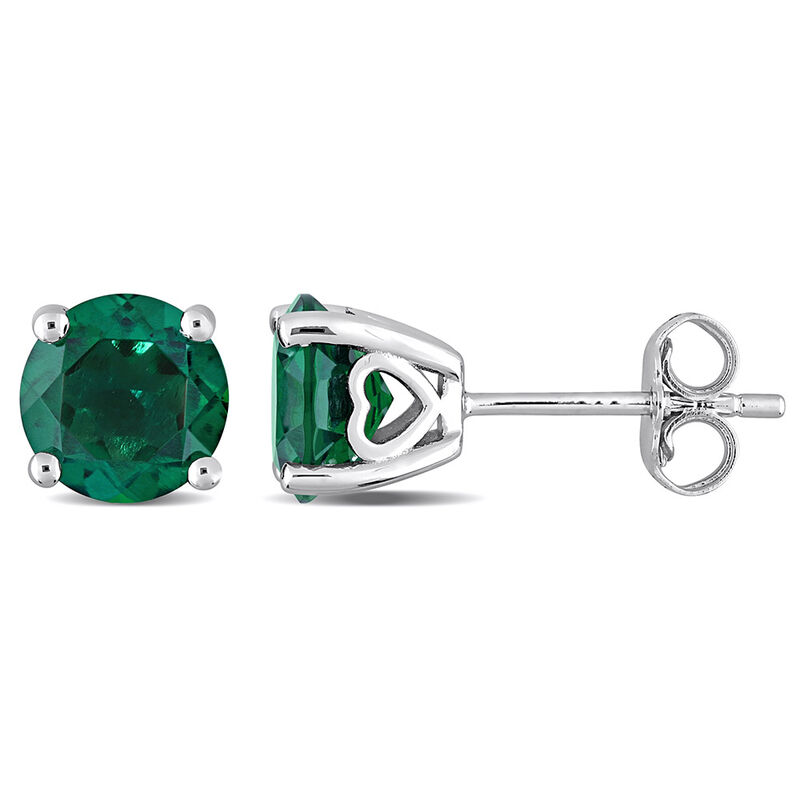 Lab Created Emerald Stud Earrings with Heart Baskets in Sterling Silver
