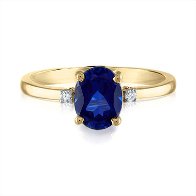 Oval Lab Created Blue Sapphire & Diamond Accent Ring in 14K Yellow Gold