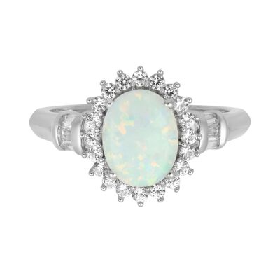 Lab Created Opal & White Sapphire Halo Ring in Sterling Silver