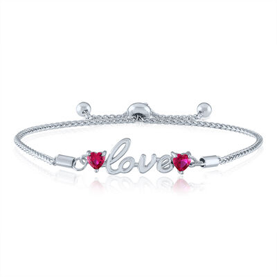“Love” Bolo Bracelet with Heart-Shaped Lab-Created Rubies in Sterling Silver