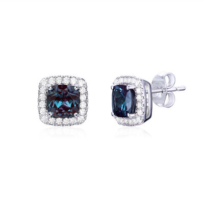 Lab Created Alexandrite & Lab Created White Sapphire Cushion Halo Earrings in Sterling Silver