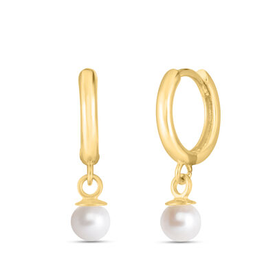Freshwater Cultured Pearl Huggie Hoop Dangle Earrings in 14K Yellow Gold