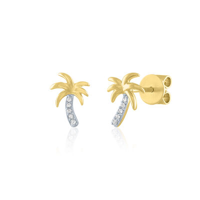 Diamond Palm Tree Stud Earrings in 10K Yellow Gold