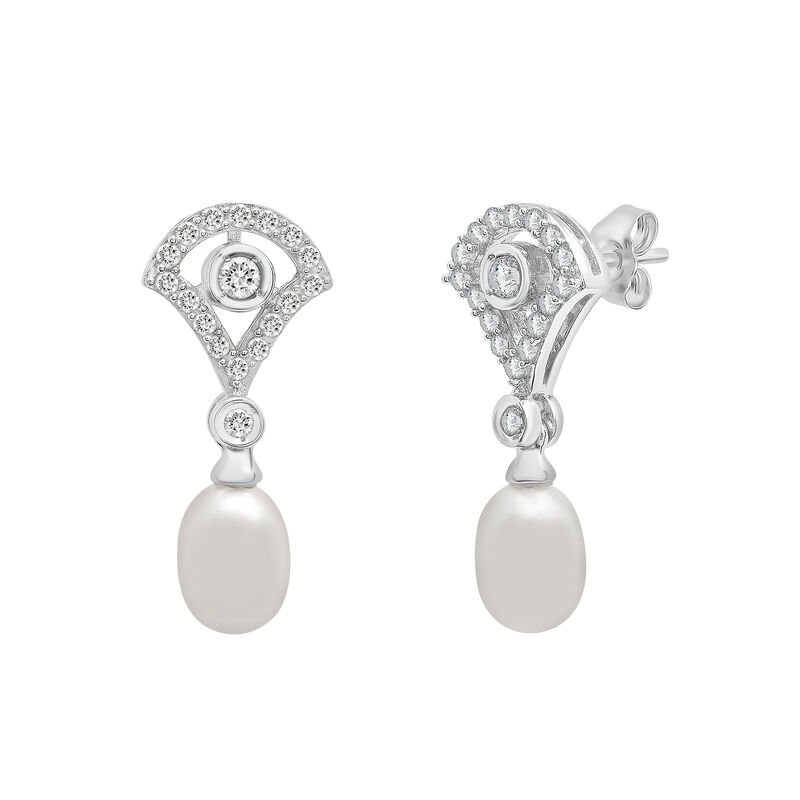 Freshwater Cultured Pearl and Lab Grown White Sapphire Drop Earrings in Sterling Silver