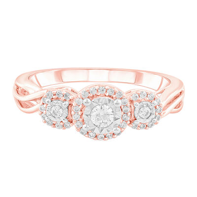 Three-Stone Halo Engagement Ring with Illusion Settings in 10K Rose Gold (1/4 ct. tw.)
