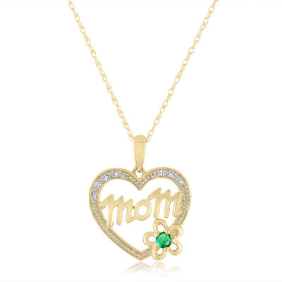 Emerald and Diamond Accent Mom Heart Pendant in 14K Yellow Gold