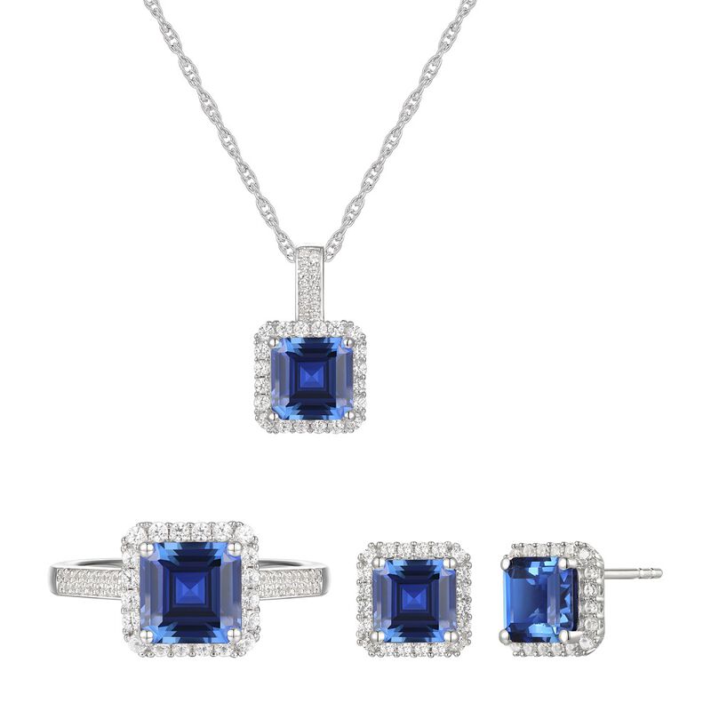 Lab Created Ceylon Sapphire Earrings, Pendant and Ring Set in Sterling Silver