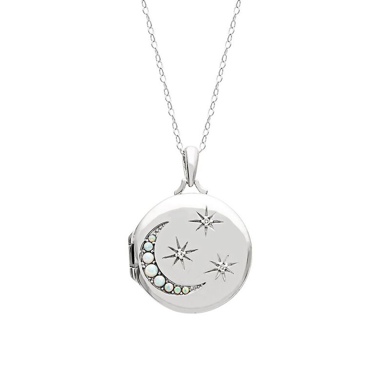 &quot;I Love You to the Moon and Back&quot; Lab Created White Sapphire &amp; Opal Locket in Stering Silver