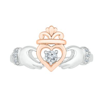 Diamond Claddagh Ring in Sterling Silver & 10K Rose Gold