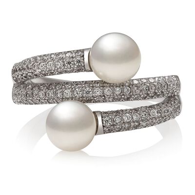 Freshwater Cultured Pearl & Lab Created White Sapphire Wrap Ring in Sterling Silver