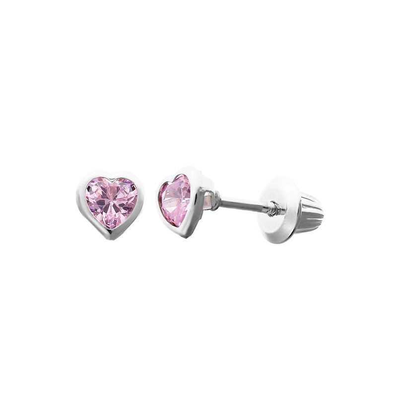 Children&#39;s Pink Cubic Zirconia Heart Earrings in Sterling Silver