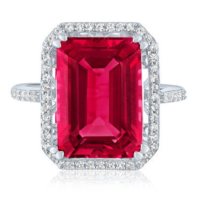 Lab-Created Ruby and Lab-Created White Sapphire Halo Cocktail Ring in Sterling Silver