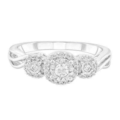 Three-Stone Halo Engagement Ring with Illusion Setting in 10K White Gold (1/4 ct. tw.)