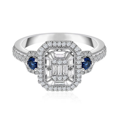 Emerald-Shaped Engagement Ring with Diamonds & Blue Sapphire in 10K White Gold (1/2 ct. tw.)