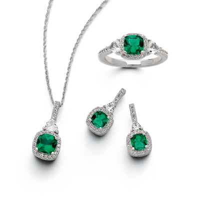 Lab-Created Emerald and Lab-Created White Sapphire Ring, Earring and Pendant in Sterling Silver